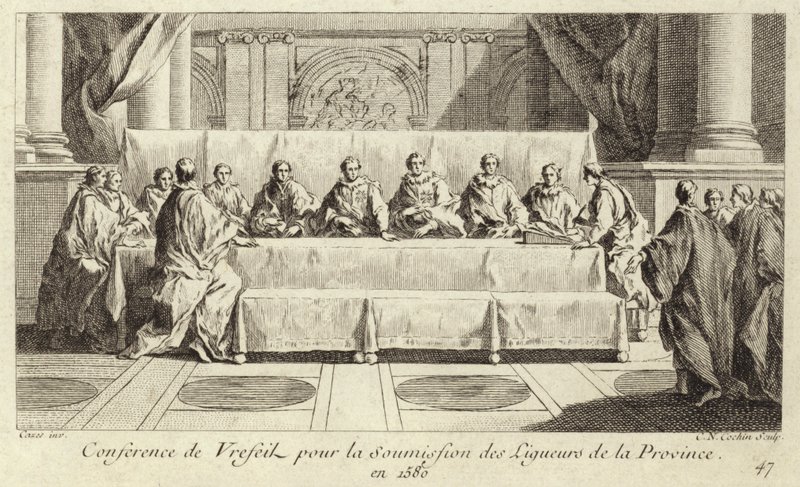 Konference for indsendelse af medlemmer af den katolske liga i Languedoc af Charles Nicolas II Cochin