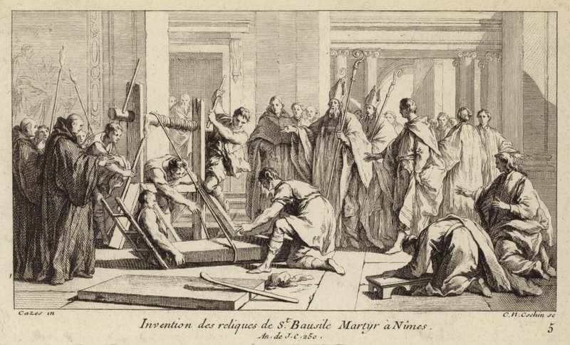 Opdagelse af relikvier fra St. Baudile, martyrdøden i Nimes i 250 (gravering) af Charles Nicolas II Cochin