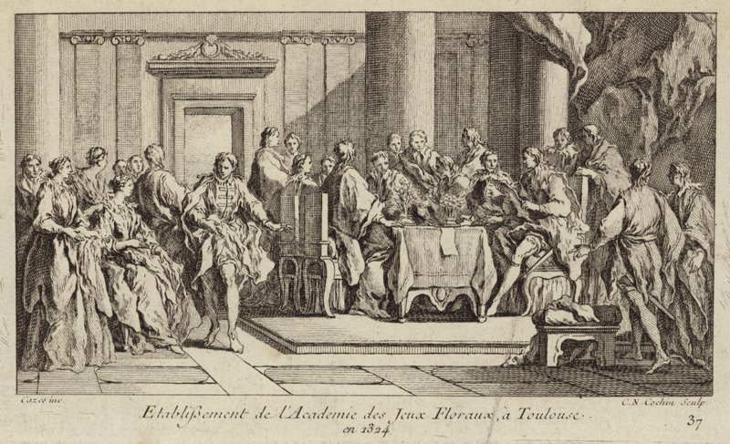 Etablering af Academie des Jeux Floraux, det ældste litterære samfund i den vestlige verden, Toulouse, Frankrig af Charles Nicolas II Cochin