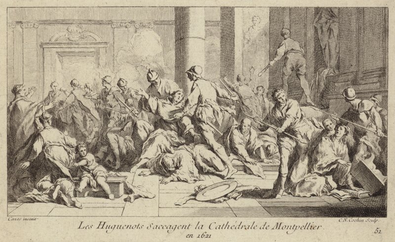Huguenotter plyndrer Montpellier-katedralen, Frankrig, 1621 af Charles Nicolas II Cochin