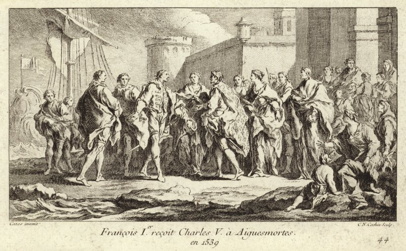 Kong Frans I af Frankrig modtog kejser Karl V i Aigues-Mortes af Charles Nicolas II Cochin