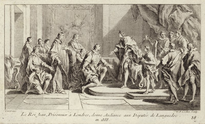 Kong John II af Frankrig, holdt fanget af englænderne i London, holdt audiens for en deputation fra Languedoc af Charles Nicolas II Cochin