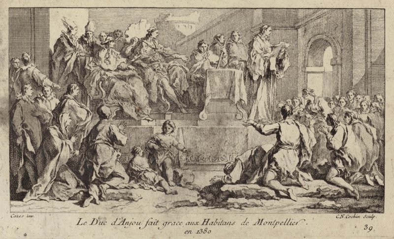 Ludvig I, hertug af Anjou, regent af kong Charles VI af Frankrig, takker indbyggerne i Montpellier af Charles Nicolas II Cochin