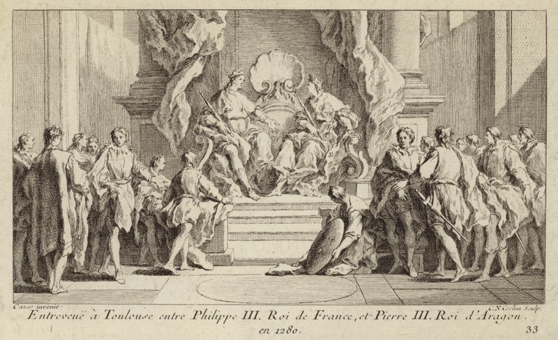 Møde i Toulouse mellem kong Philip III af Frankrig og kong Peter III af Aragon af Charles Nicolas II Cochin