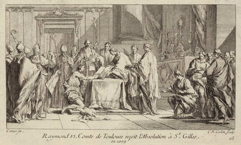 Raymond VI, greve af Toulouse, ydmyger sig ved kirken St Gilles for at få sin ekskommunikation ophævet af Charles Nicolas II Cochin