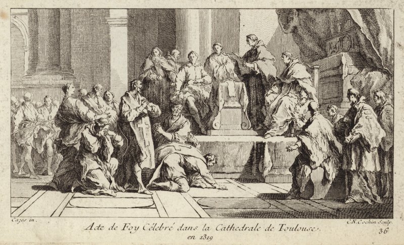 Omvendte katharer erklærer deres tro på den katolske religion i Toulouse-katedralen, Frankrig af Charles Nicolas II Cochin