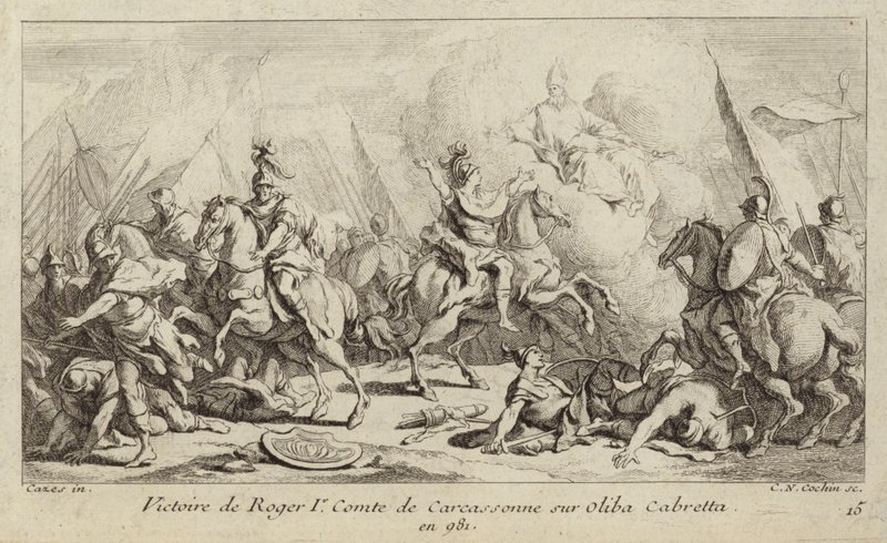Roger I, greve af Carcassonnes sejr over Oliba Cabreta, 981 (gravering) af Charles Nicolas II Cochin