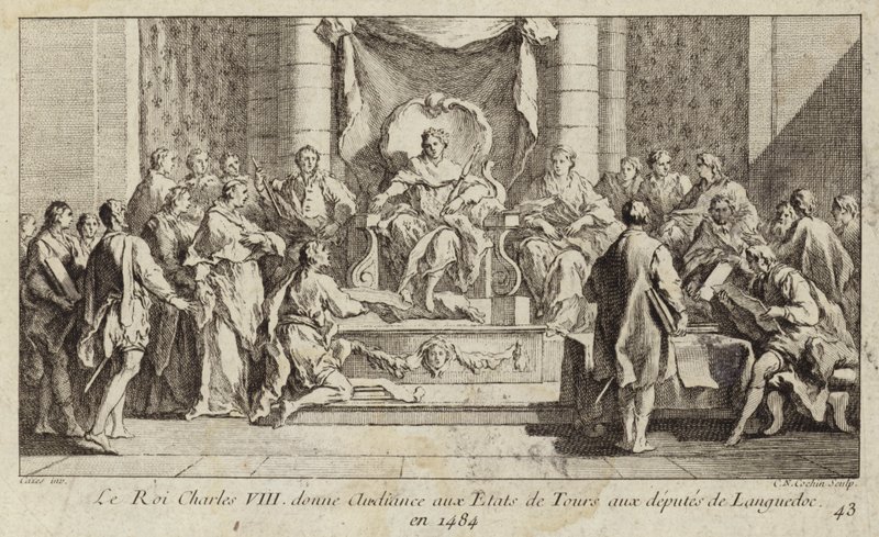 Charles VIII af Frankrig holder en høring til deputerede fra Languedoc ved Generalstænderne i Tours af Charles Nicolas II Cochin
