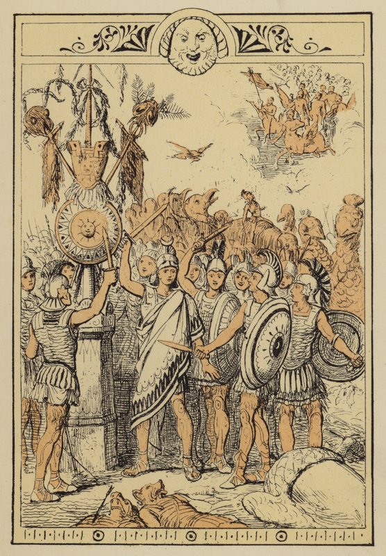 Historier fra Lucian: Månefolket overrasket af skykentaurerne (farve litho) af Charles Oliver Murray