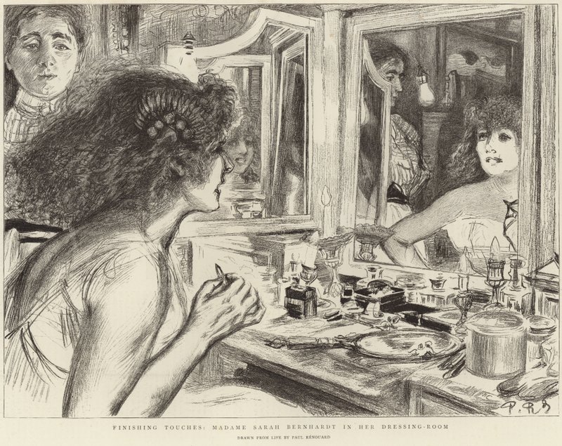 Madame Sarah Bernhardt i sit omklædningsrum (litho) af Charles Paul (after) Renouard