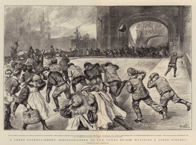 En billig underholdning, skolebørn på Tower Bridge ser på en stor damper af Charles Paul Renouard