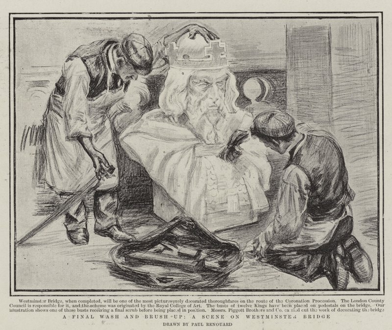 En sidste vask og børste op, en scene på Westminster Bridge af Charles Paul Renouard