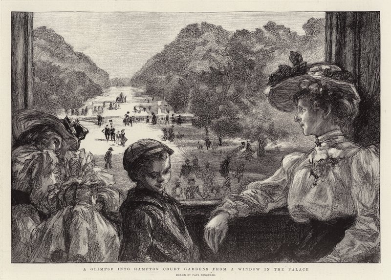 Et glimt af Hampton Court Gardens fra et vindue i paladset af Charles Paul Renouard