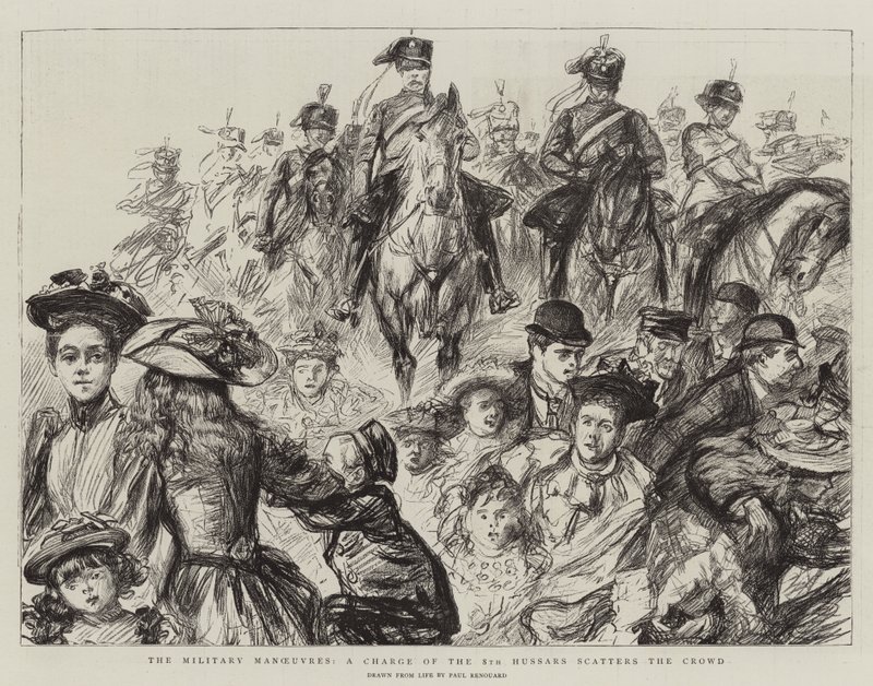 De militære manøvrer, en anklage fra de 8. husarer spreder folkemængden af Charles Paul Renouard