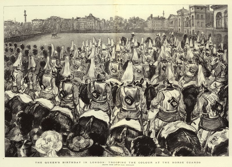 Dronningens fødselsdag i London, tropper Color på Horse Guards af Charles Paul Renouard