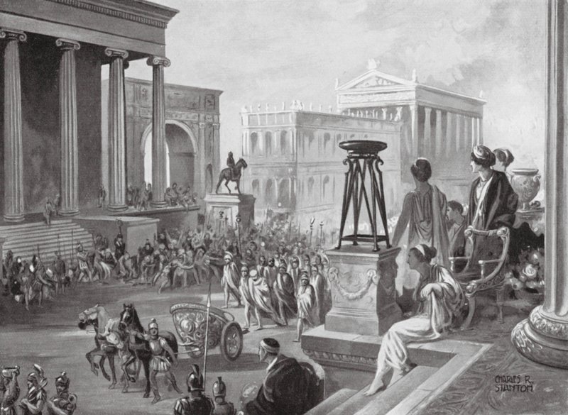 Achaiernes ledere båret til Rom, 167 f.Kr (litografi) af Charles Rebel Stanton