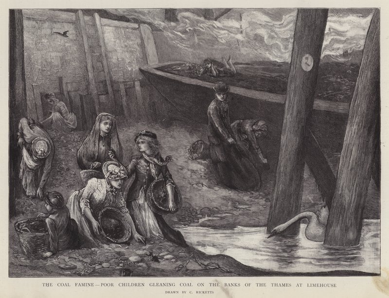 Fattige børn, der henter kulstykker fra Themsens bred ved Limehouse, London (litho) af Charles Ricketts