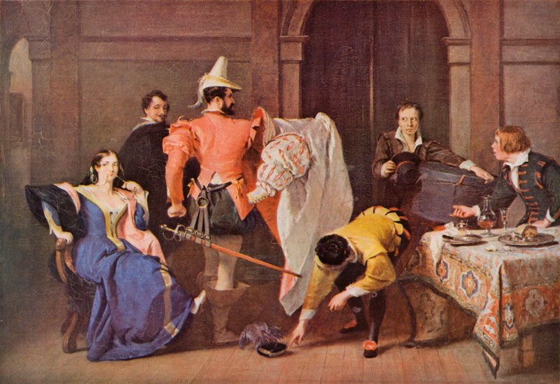 Shakespeare: Katherina og Petruchio, The Taming of the Shrew, 4. akt, Scene 3 (farve litho) af Charles Robert (after) Leslie