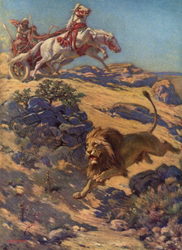 Løvejagt i det gamle Assyrien (farvelitografi) af Charles Robert Knight