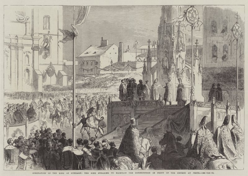Kroning af kongen af Ungarn, kongen sværger at overholde forfatningen foran kirken i Pesth af Sir John Charles Robinson