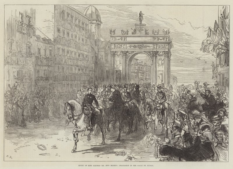 Kong Alfons XIIs indtog i Madrid, procession i Calle de Alcala af Sir John Charles Robinson