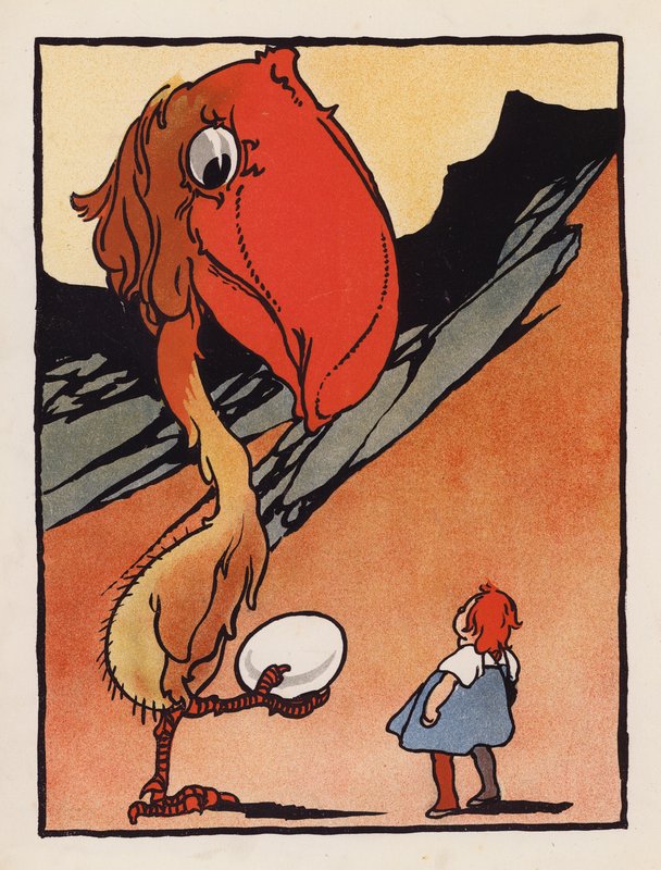 Nonsens: Dreng med en mærkelig fugl, der holder et æg (farvelitografi) af Charles Robinson