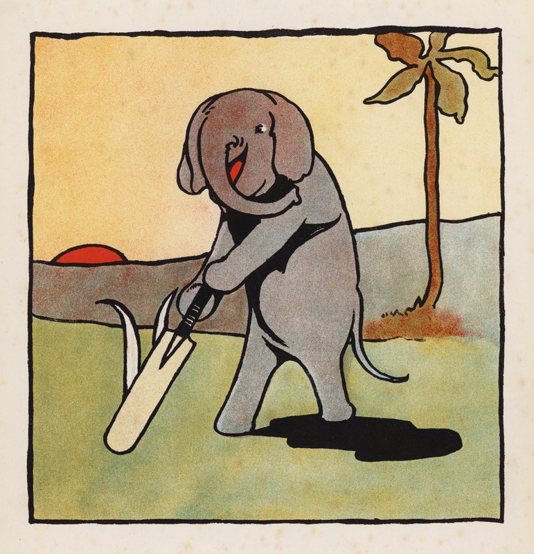 Nonsens: Elefant spiller cricket (farvelitografi) af Charles Robinson