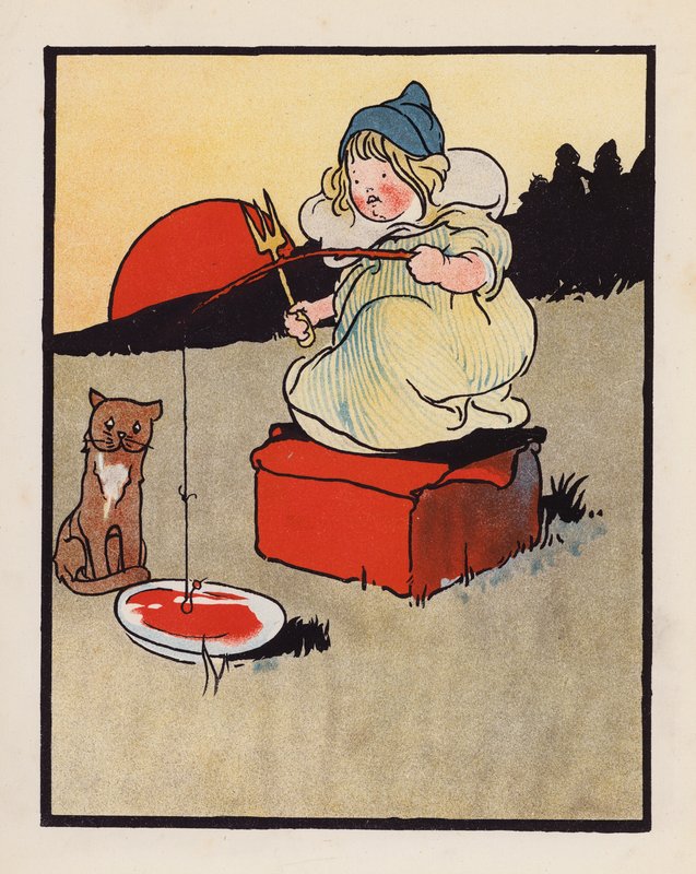 Nonsens: Spædbarn, der fisker i et fad (farvelitografi) af Charles Robinson