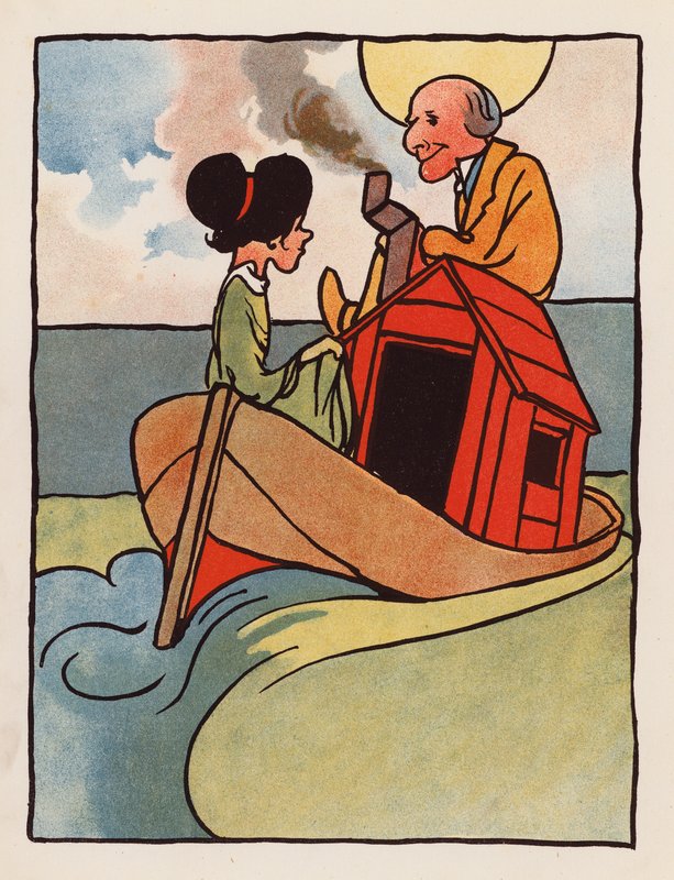 Nonsens: Gammel mand og hans datter hjemme på en båd (farvelitografi) af Charles Robinson