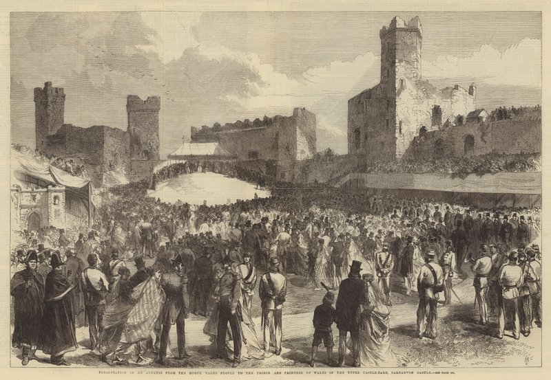 Præsentation af en tale fra North Wales People til Prinsen og Prinsessen af Wales i Upper Castle-Yard, Carnarvon Castle af Sir John Charles Robinson
