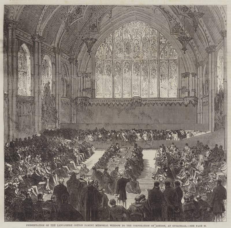 Præsentation af Lancashire Cotton Famine Memorial Window til Corporation of London i Guildhall af Sir John Charles Robinson