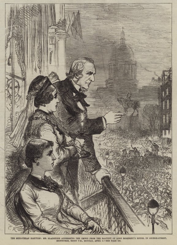 Midlothian-valget, hr. Gladstone, der taler til folkemængden fra balkonen i Lord Rosebery House, i George-Street, Edinburgh, 20.00, mandag den 5. april af Sir John Charles Robinson