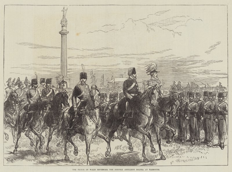 Prinsen af Wales gennemgår Norfolk Artillery Militia i Yarmouth af Sir John Charles Robinson