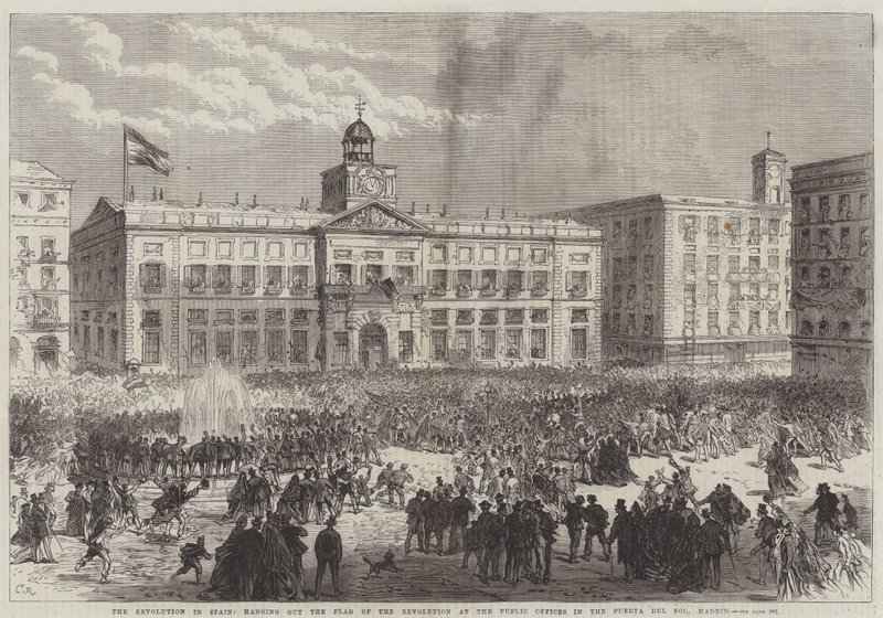 Revolutionen i Spanien, hænger revolutionens flag ud på de offentlige kontorer i Puerta del Sol, Madrid af Sir John Charles Robinson