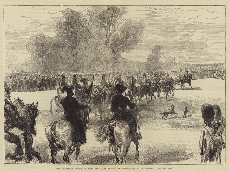Den frivillige anmeldelse i Hyde Park, prinsen og prinsessen af Wales passerer langs linjen af Sir John Charles Robinson