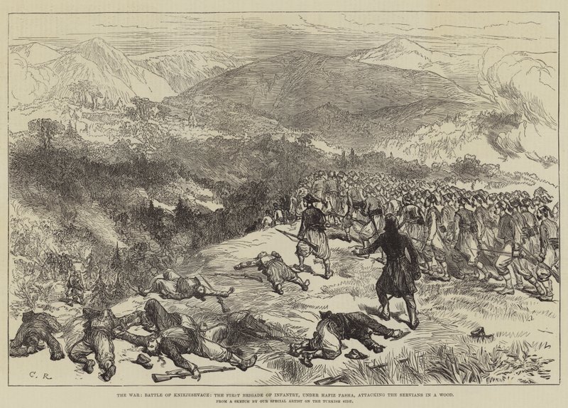 Krigen, slaget ved Kniejesevacz, den første infanteribrigade under Hafiz Pasha angriber servierne i en skov af Sir John Charles Robinson