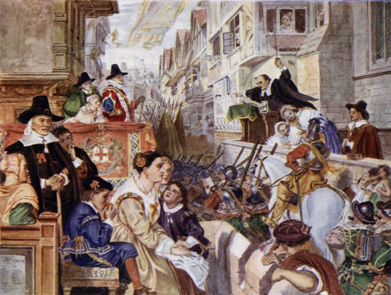 Londons soldater vil kæmpe på parlamentarisk side mod kong Charles I i den engelske borgerkrig (farve litho) af Charles West (after) Cope