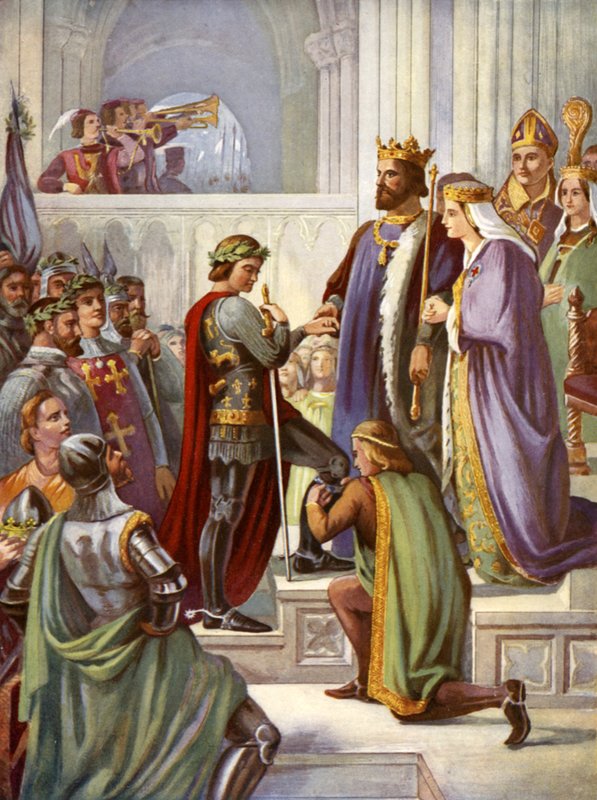Den sorte prinss investitur som ridder af strømpebåndet (farve litho) af Charles West (after) Cope