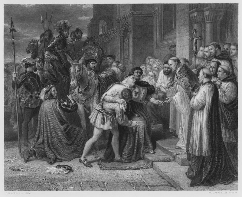 Wolsey i Leicester Abbey, fra billedet i den kongelige samling (stik) af Charles West (after) Cope