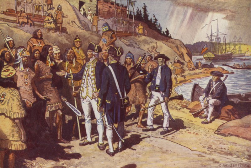 Captain Cook på Nootka (farve litho) af Charles William (after) Jefferys