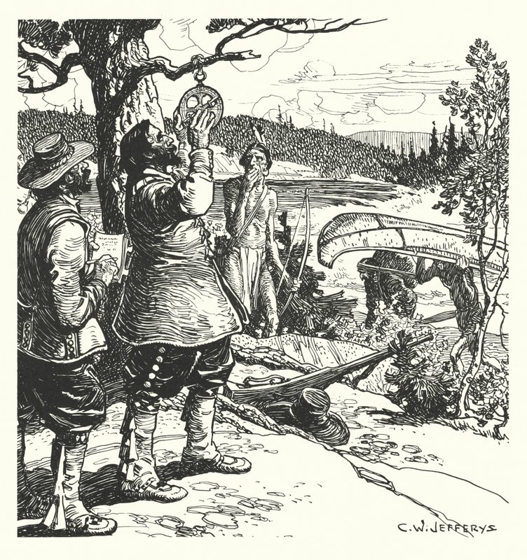 Champlain foretager en observation med astrolabiet på Ottawa-floden af Charles William (after) Jefferys