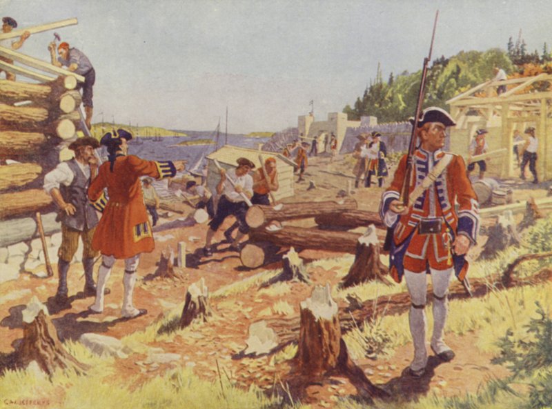 Grundlæggelsen af Halifax (farve litho) af Charles William (after) Jefferys
