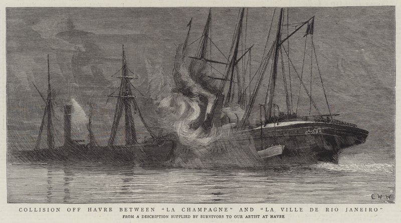 Kollision ud for Havre mellem La Champagne og La Ville de Rio Janeiro af Charles William Wyllie