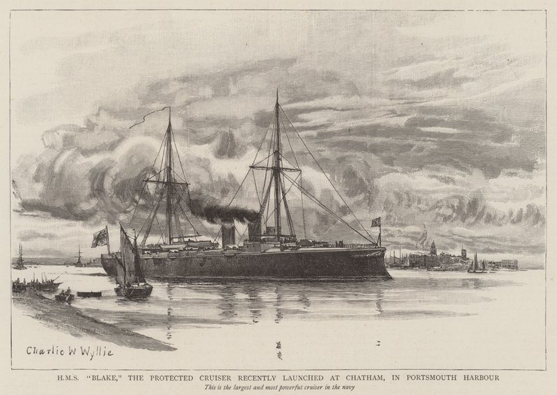 HMS Blake, den beskyttede krydser, der for nylig blev lanceret i Chatham i Portsmouth Havn af Charles William Wyllie