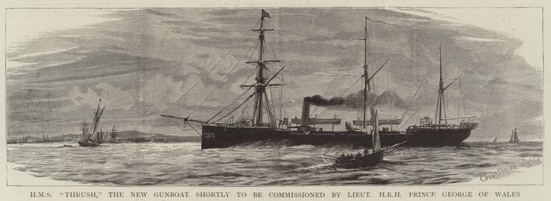 HMS Thrush, den nye kanonbåd, som snart skal bestilles af løjtnant HKH Prins George af Wales af Charles William Wyllie