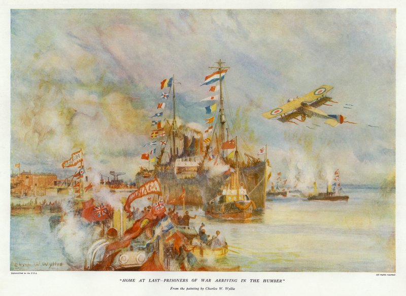 Home at Last - Krigsfanger ankommer til Humber (farve litho) af Charles William Wyllie