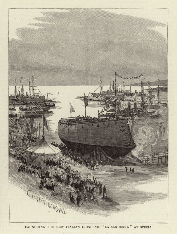 Lancering af den nye italienske Ironclad La Sardegna ved Spezia af Charles William Wyllie