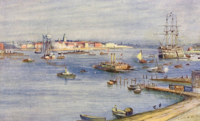 Portsmouth, fra Gosport (farvelitografi) af Charles William Wyllie
