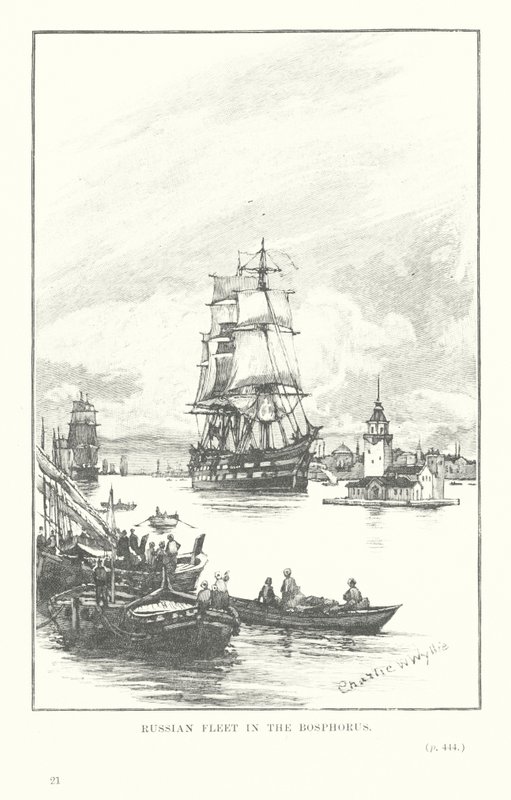 Den russiske flåde i Bosporus (litografi) af Charles William Wyllie