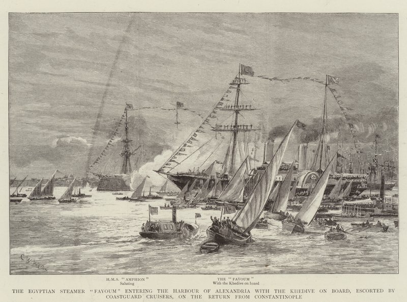 Den egyptiske damper Fayoum kommer ind i havnen i Alexandria med Khedive om bord, eskorteret af kystvagtkrydsere, på retur fra Konstantinopel af Charles William Wyllie